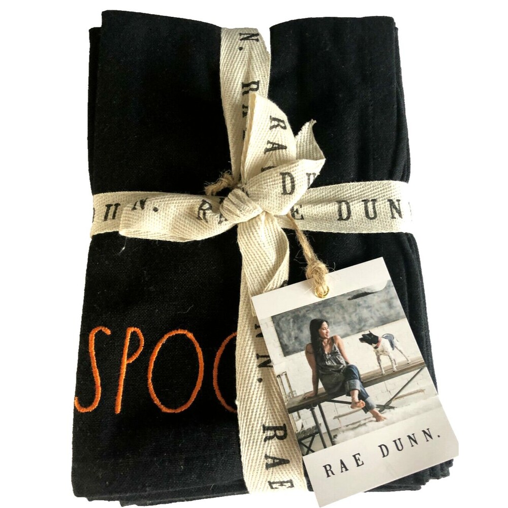 Rae Dunn Halloween Fabric Napkins Boo Spooky Trick Treat Black Set Of 4